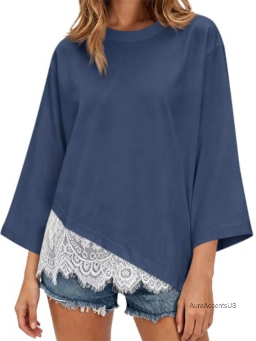 Lace Trim 3/4 Sleeve Tee Oversized Cotton Blend Casual T-Shirt